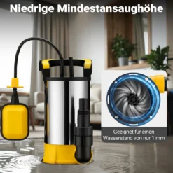 Wiltec Tauchpumpe mit Schwimmer Edelstahl 850 W, flachabsaugende Pumpe bis 1 mm, Tiefbrunnenpumpe bis 7 m Tiefe & 8,5 m Förderhöhe, Flachsaugerpumpe für Klarwasser