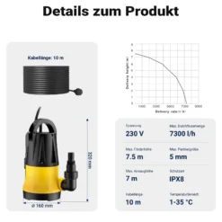 Wiltec Tauchpumpe mit Sensor 400 W, Tiefbrunnenpumpe mit 2 Modi, leistungsstarke Wasserpumpe 7300 l/h, Brunnenpumpe 7,5 m Förderhöhe & 7 m Tiefe