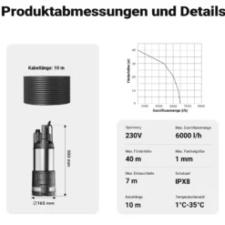Wiltec Tauchpumpe mit Trockenlaufschutz und Schwimmerschalter 1200 W, Tiefbrunnenpumpe 6000 l/h, Wasserpumpe mit Schwimmer bis 7 m Tiefe & 40 m Förderhöhe