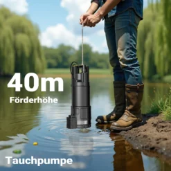 Wiltec Tauchpumpe mit Trockenlaufschutz und Schwimmerschalter 1200 W, Tiefbrunnenpumpe 6000 l/h, Wasserpumpe mit Schwimmer bis 7 m Tiefe & 40 m Förderhöhe