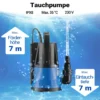 Wiltec Tauchpumpe 400 W, Schmutzwasserpumpe mit max. Fördermenge 6000 l/h, Pumpe zum Absaugen von Wasser max. Förderhöhe 7 m, Flachsaugpumpe für Keller