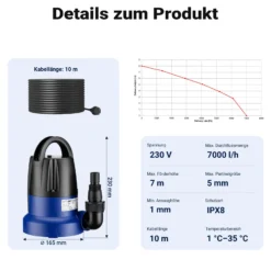 Wiltec Tauchpumpe 400 W, Schmutzwasserpumpe mit max. Fördermenge 7000 l/h, Pumpe zum Absaugen von Wasser max. Förderhöhe 7 m, Flachsaugpumpe für Keller