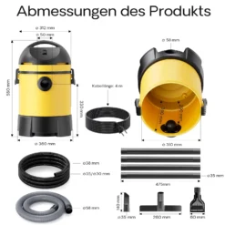 Wiltec Teichsauger 1400 W, 30 L Füllmenge, mit 2 Schläuchen, Poolsauger Schlammsauger Teichschlammsauger Nass Trocken Sauger mit Entleerungsautomatik