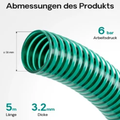 Wiltec Teichschlauch 5m, flexibel, 38mm (1 1/2") grün - Made in Europe, Saugschlauch Druckschlauch