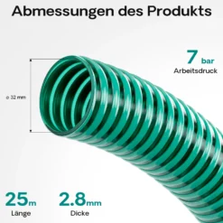 Wiltec Teichschlauch 25m, flexibel, 32mm (1 1/4") grün - Made in Europe, Saugschlauch Druckschlauch