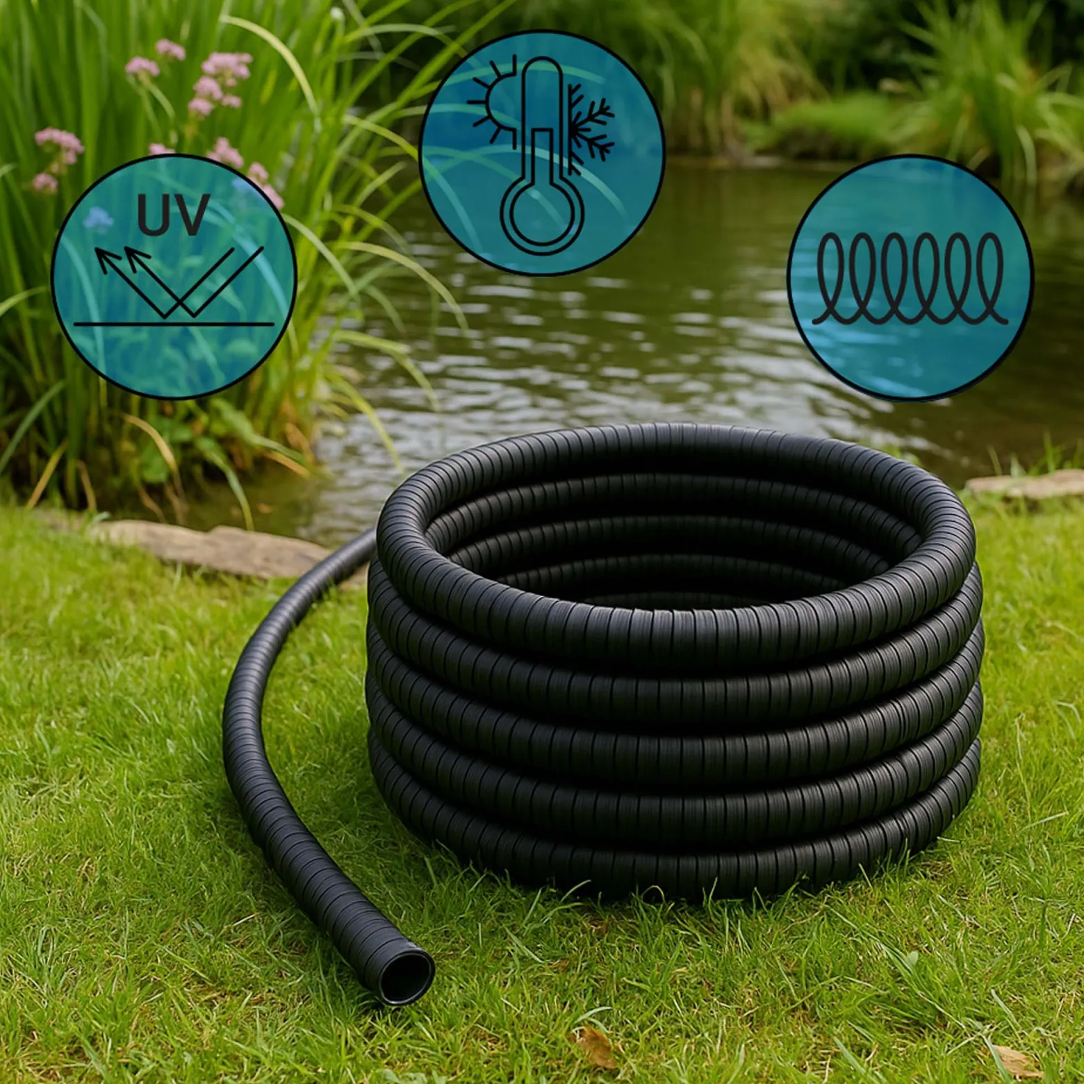 Wiltec Teichschlauch 50m Spiralschlauch 19 mm (3/4") schwarz, lichtundurchlässig, extrem biegsam, glatte Innenwand Saugschlauch Druckschlauch