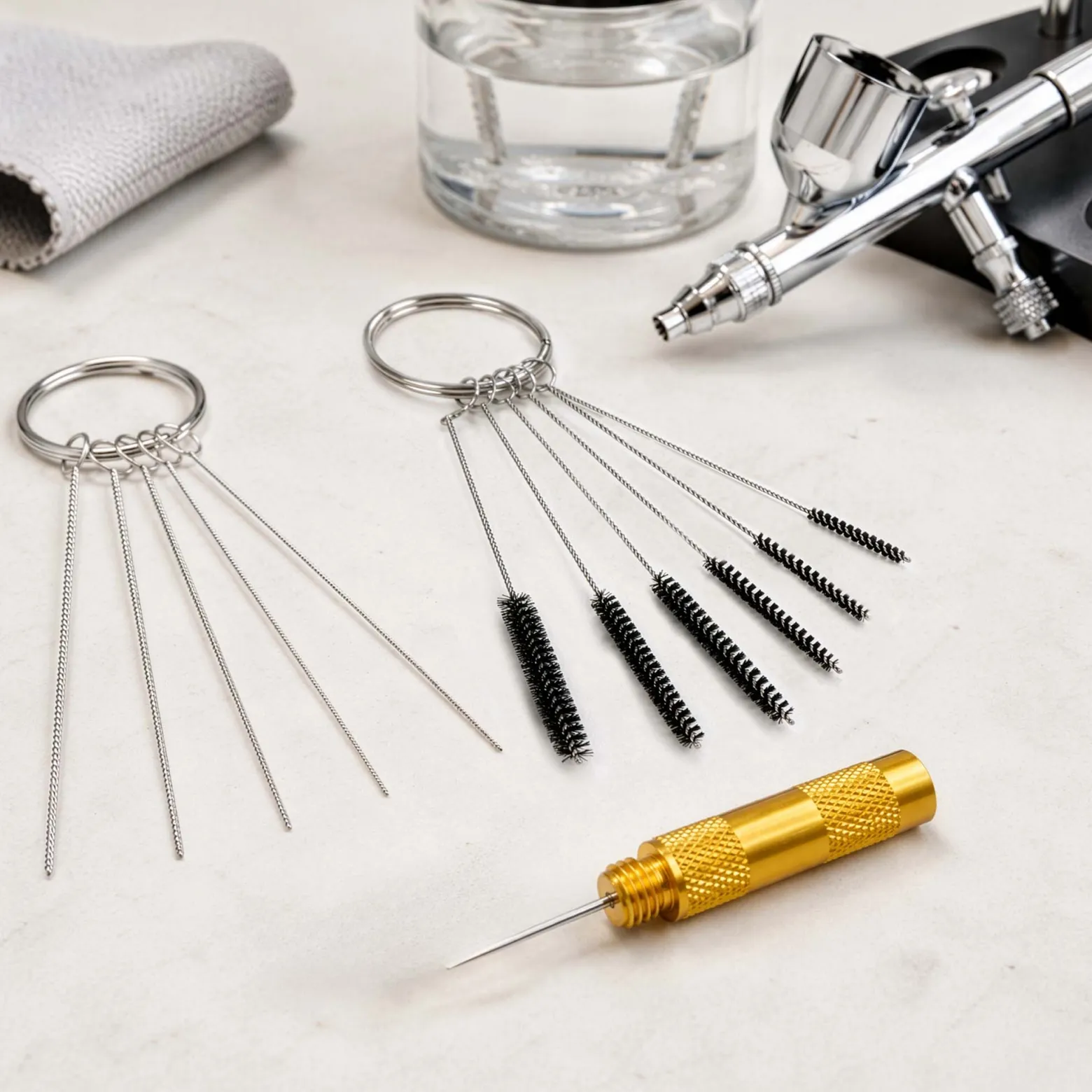 Wiltec 12 teiliges Reinigungs Set für Airbrushpistolen, mit Reinigungsbürsten Ø 3-7 mm, Düsennadeln, Reinigungsnadel, Airbrush Zubehör zur Reinigung