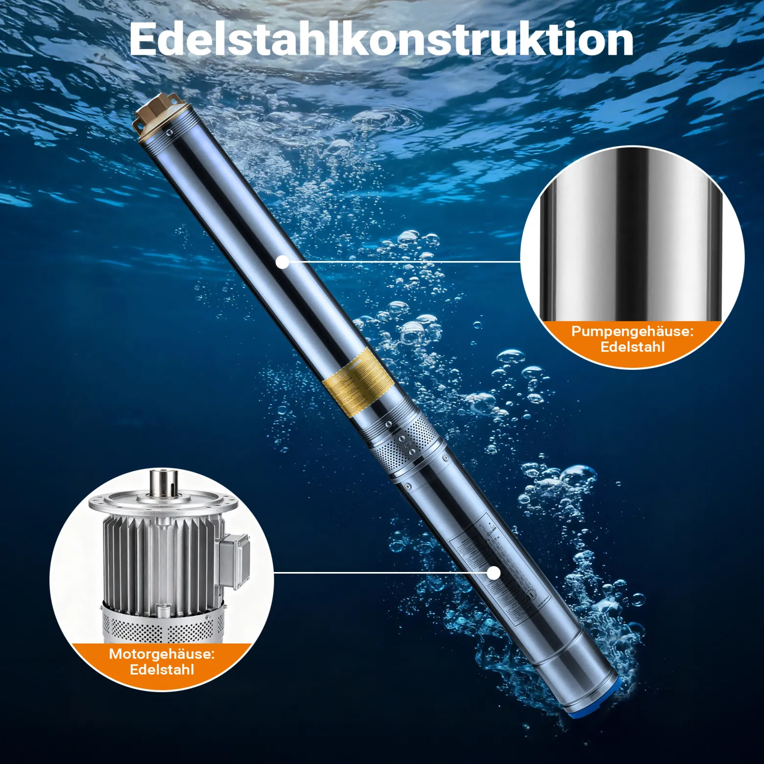 Wiltec 4" Tiefbrunnenpumpe 1100W, Wasserpumpe mit Fördermenge 6000 l/h, Tauchpumpe mit Eintauchtiefe max. 20 m und Förderhöhe max. 103 m