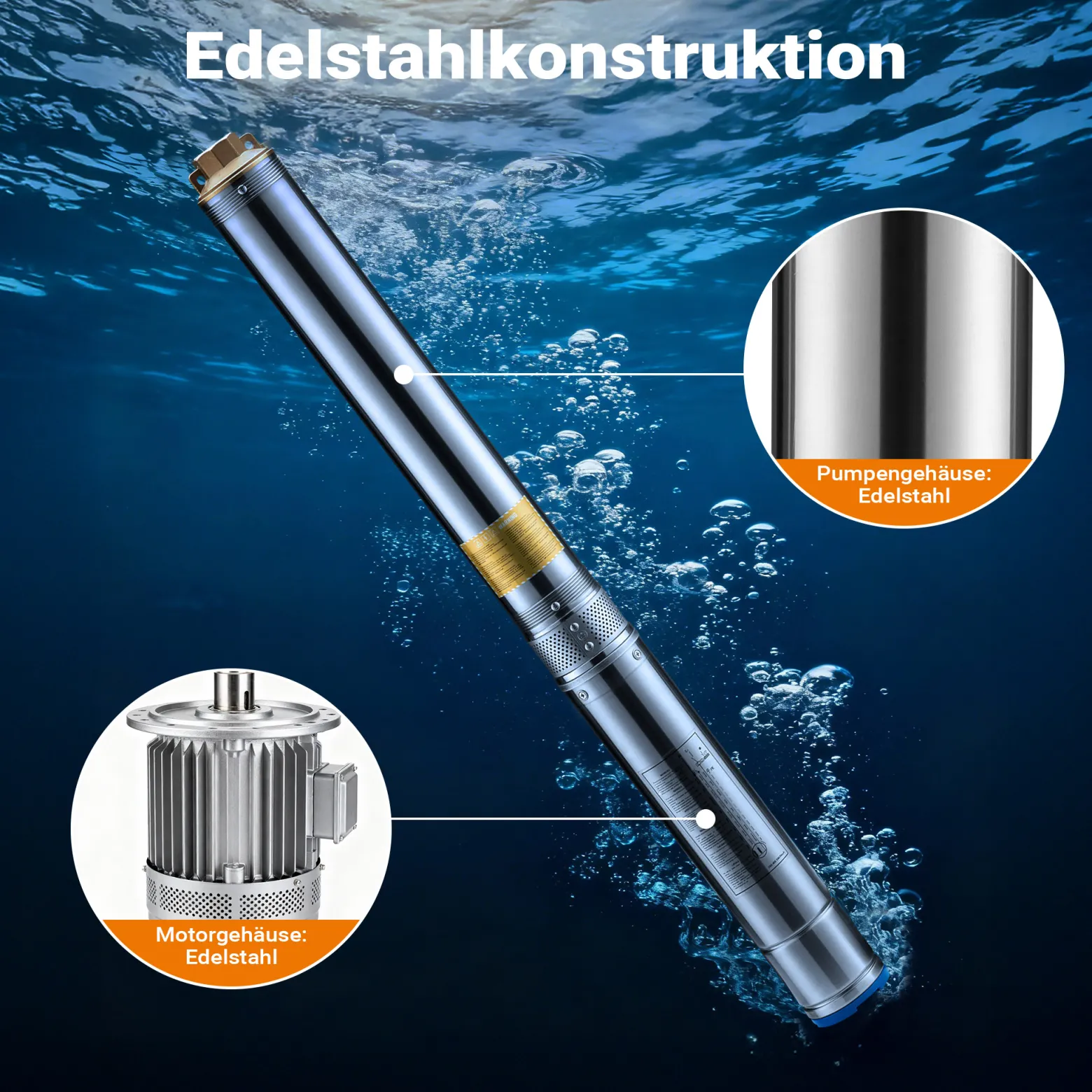 Wiltec 4" Tiefbrunnenpumpe 550 W, Wasserpumpe mit Fördermenge 6000 l/h, Tauchpumpe mit Eintauchtiefe max. 20 m und Förderhöhe max. 59 m