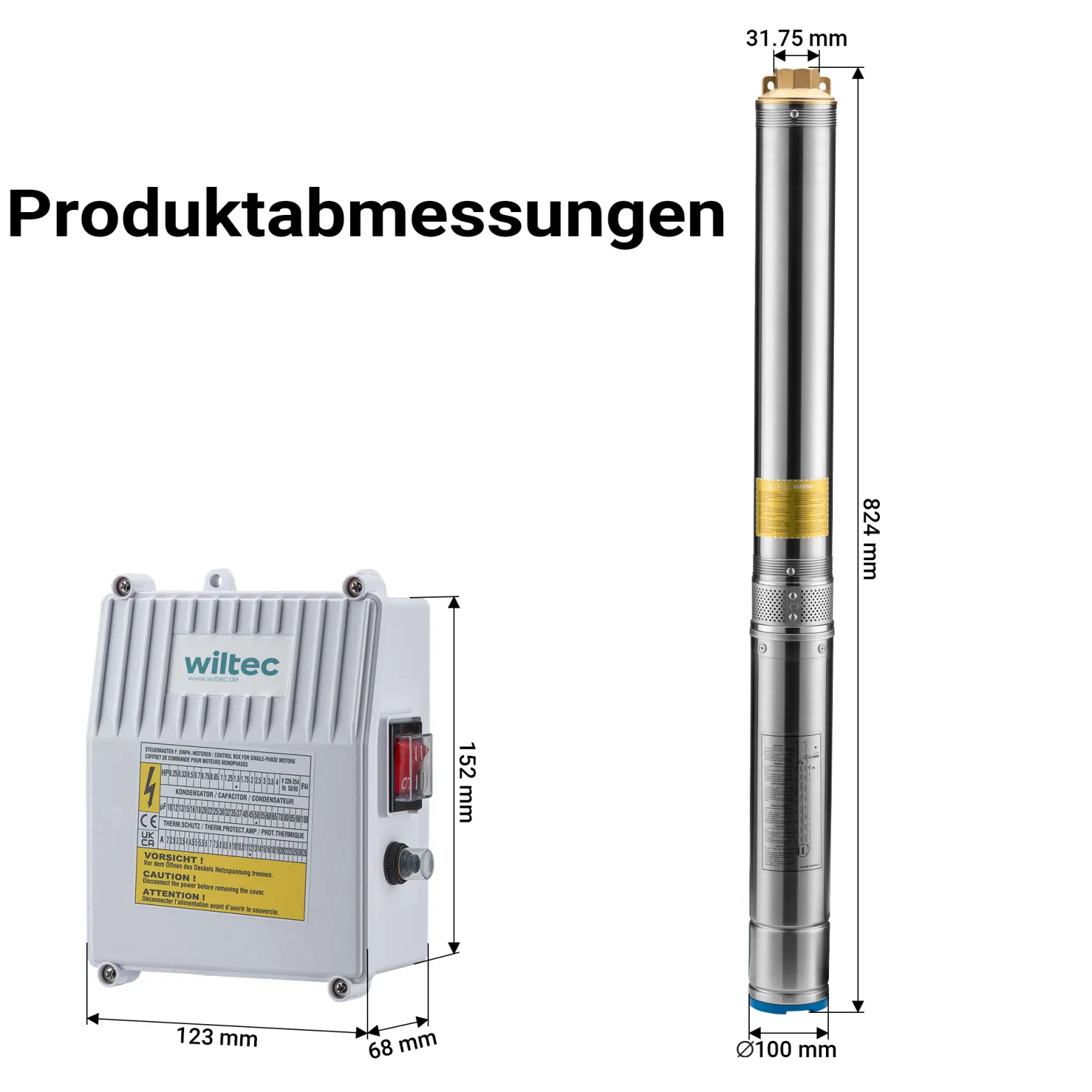 Wiltec 4" Tiefbrunnenpumpe 550 W, Wasserpumpe mit Fördermenge 6000 l/h, Tauchpumpe mit Eintauchtiefe max. 20 m und Förderhöhe max. 59 m