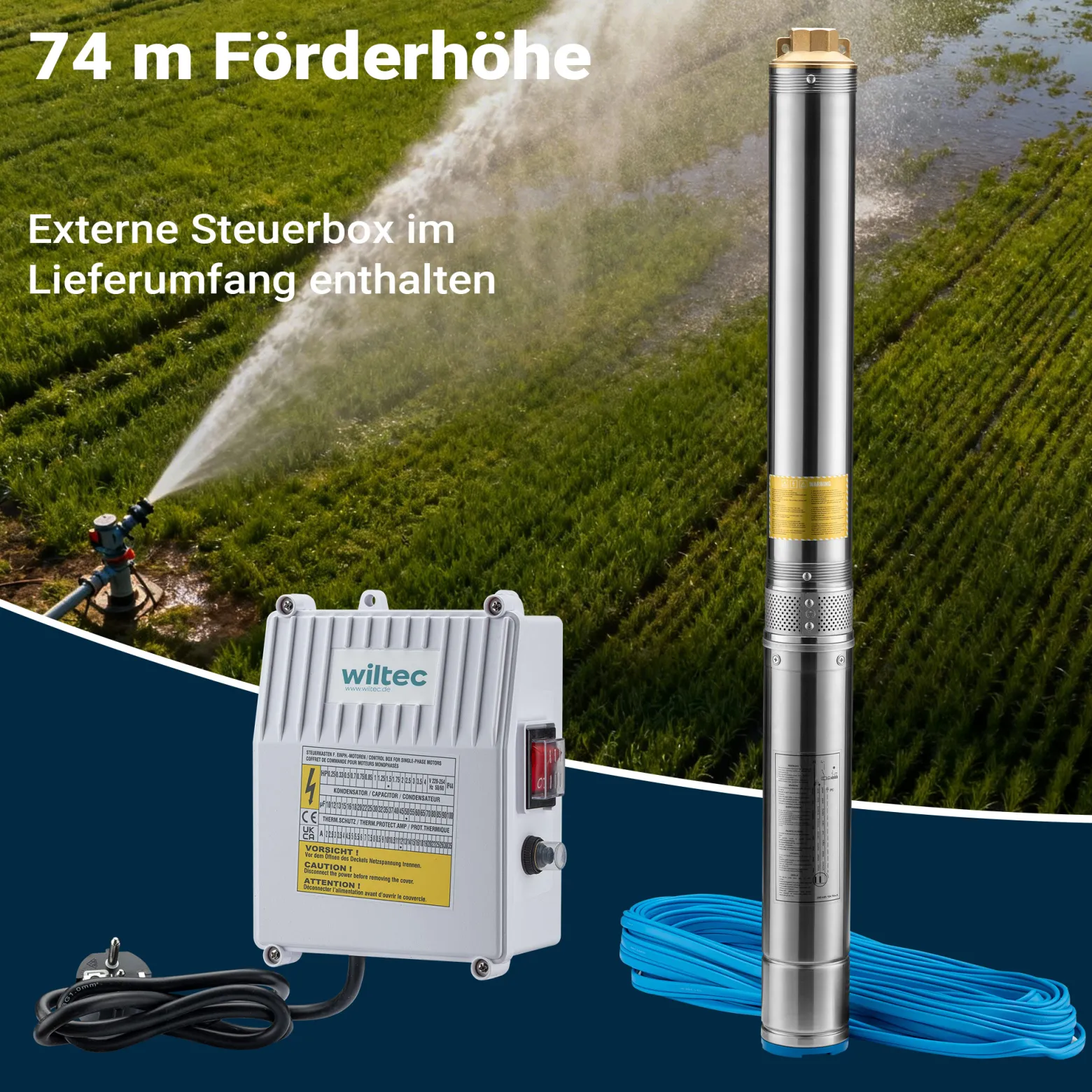 Wiltec 4" Tiefbrunnenpumpe 750 W, Wasserpumpe mit Fördermenge 6000 l/h, Tauchpumpe mit Eintauchtiefe max. 20 m und Förderhöhe max. 74 m
