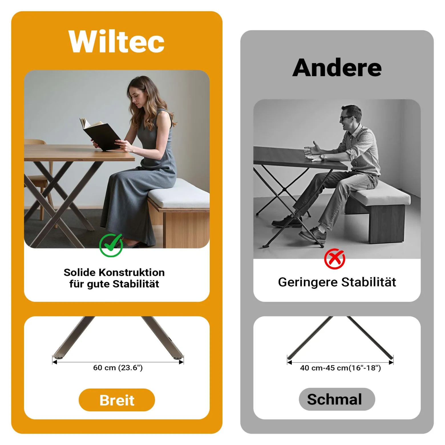 Wiltec Tischbeine 2er Set aus lackiertem Stahl klarlackbeschichtet im X-Profil 72x60cm Tischkufen Tischgestell Tischuntergestell in X Form