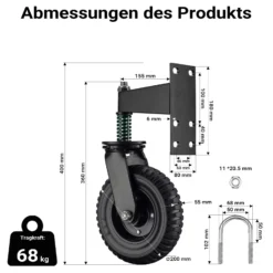 Wiltec Torrolle bis 275 kg Traglast, Torlaufrolle mit 360° Gummirad, Schiebetorrolle aus pulverbeschichtetem Stahl, Lenkrolle für Schiebetor und Gartentor