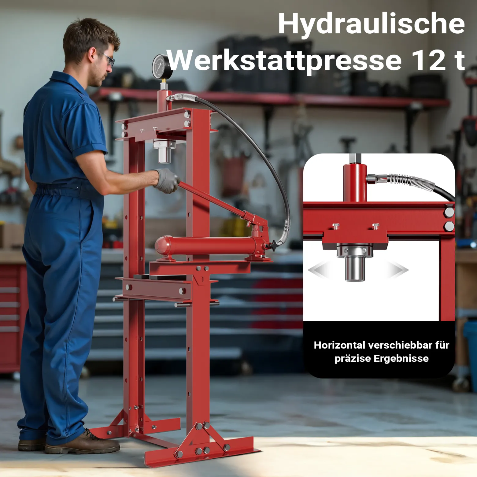 Wiltec 12T Profi Werkstattpresse, 90-1035mm Arbeitsbereich, 145-330mm Hubhöhe, Hydraulikpresse aus Stahl, Rahmenpresse mit Manometer, Lagerpresse