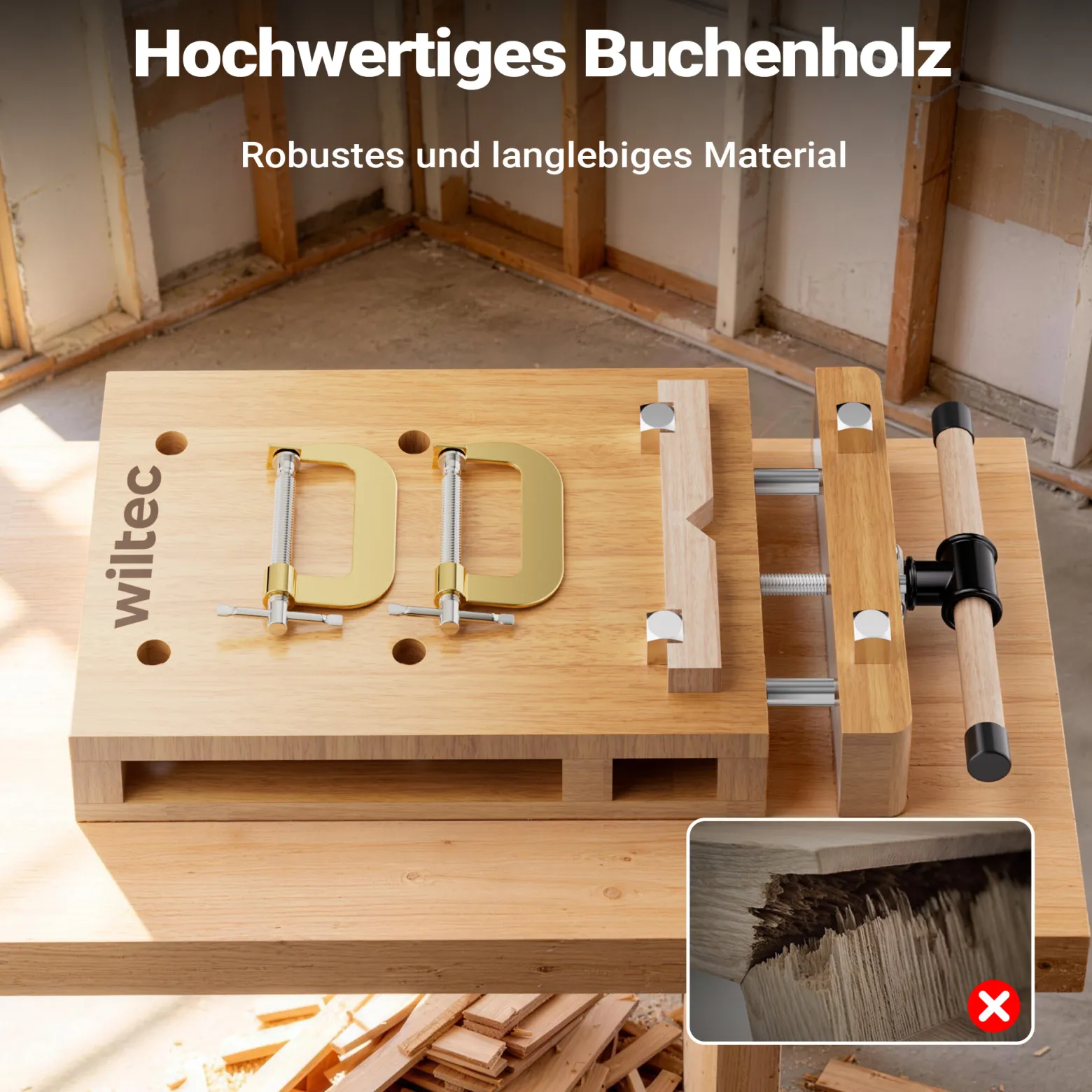 Wiltec Tragbare Hobelbank 45,5x28x7 cm & Schraubstock Mini-Werkbank aus Buchenholz Mobil Tragbar für Klemmen Hobeln
