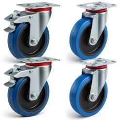 Wiltec Transportrollen Set 160mm 2x Lenkrolle mit Bremse und 2x Bockrolle, mit Anbauplatte, 300kg pro Rad