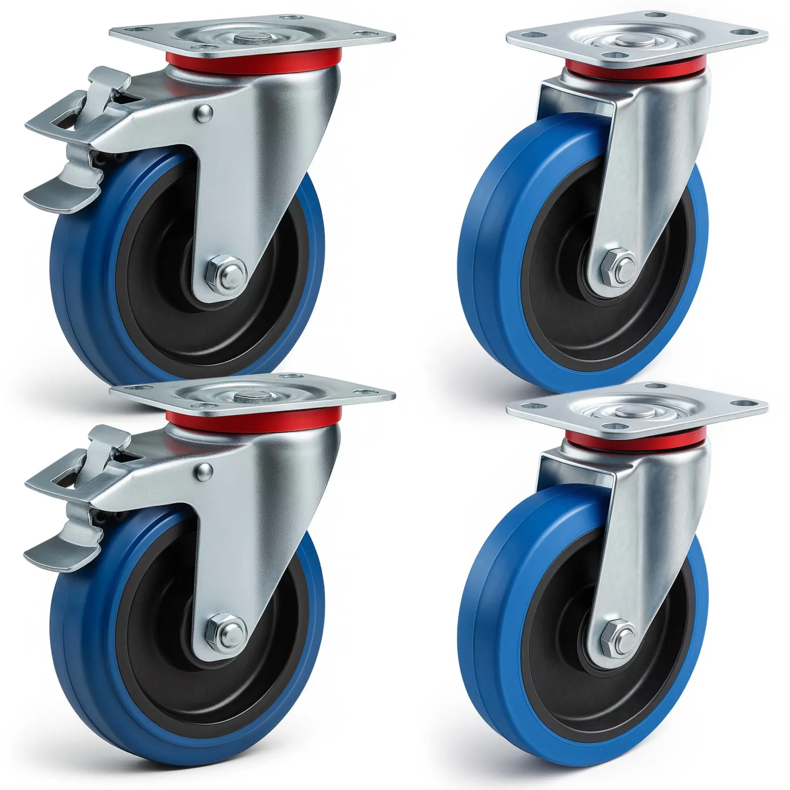 Wiltec Transportrollen Set 160mm 2x Lenkrolle mit Bremse und 2x Bockrolle, mit Anbauplatte, 300kg pro Rad