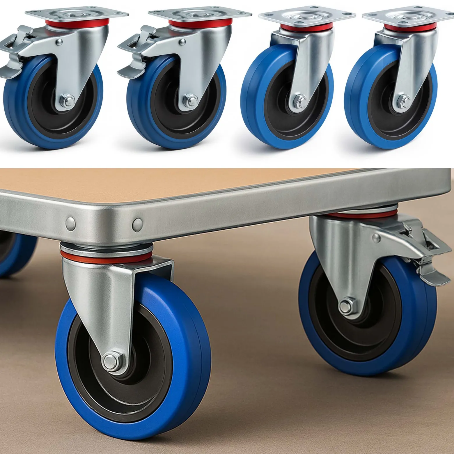 Wiltec Transportrollen Set 160mm 2x Lenkrolle mit Bremse und 2x Bockrolle, mit Anbauplatte, 300kg pro Rad