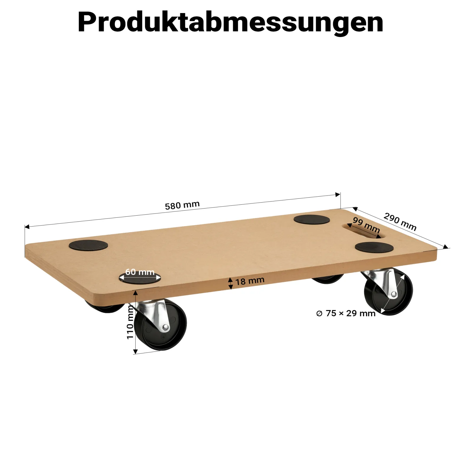 Wiltec Transportroller 250 kg 580x290 mm, viereckig, MDF Möbelroller, Rollbrett mit 4 Lenkrollen, Möbelhund als Umzugshilfe