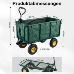 Wiltec Transportwagen bis 550 kg mit Metallgittern, Gartenwagen mit abnehmbarer Plane, Bollerwagen mit Ablage, Handkarren für u. a. auf Rasen u.Kies