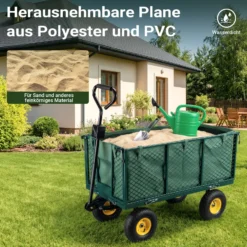 Wiltec Transportwagen bis 550 kg mit Metallgittern, Gartenwagen mit abnehmbarer Plane, Bollerwagen mit Ablage, Handkarren für u. a. auf Rasen u.Kies