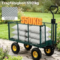 Wiltec Transportwagen bis 550 kg mit Metallgittern, Gartenwagen mit abnehmbarer Plane, Bollerwagen mit Ablage, Handkarren für u. a. auf Rasen u.Kies