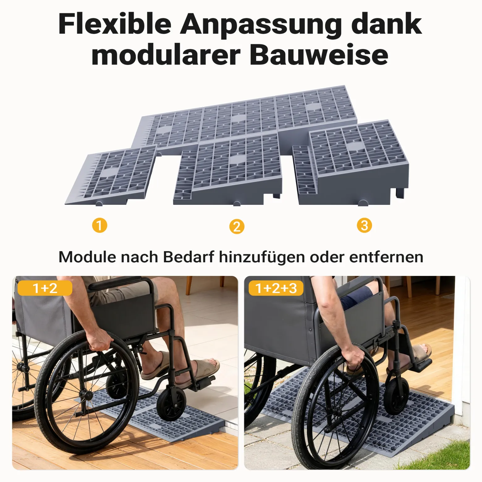 Wiltec Türschwellenrampe, verschiedene Höhen 0-25/25-50/50-76 mm, 810 mm Breite für Rollstuhl & Rollator, grau, Rollstuhlrampe aus Kunststoff, rutschfeste Oberfläche