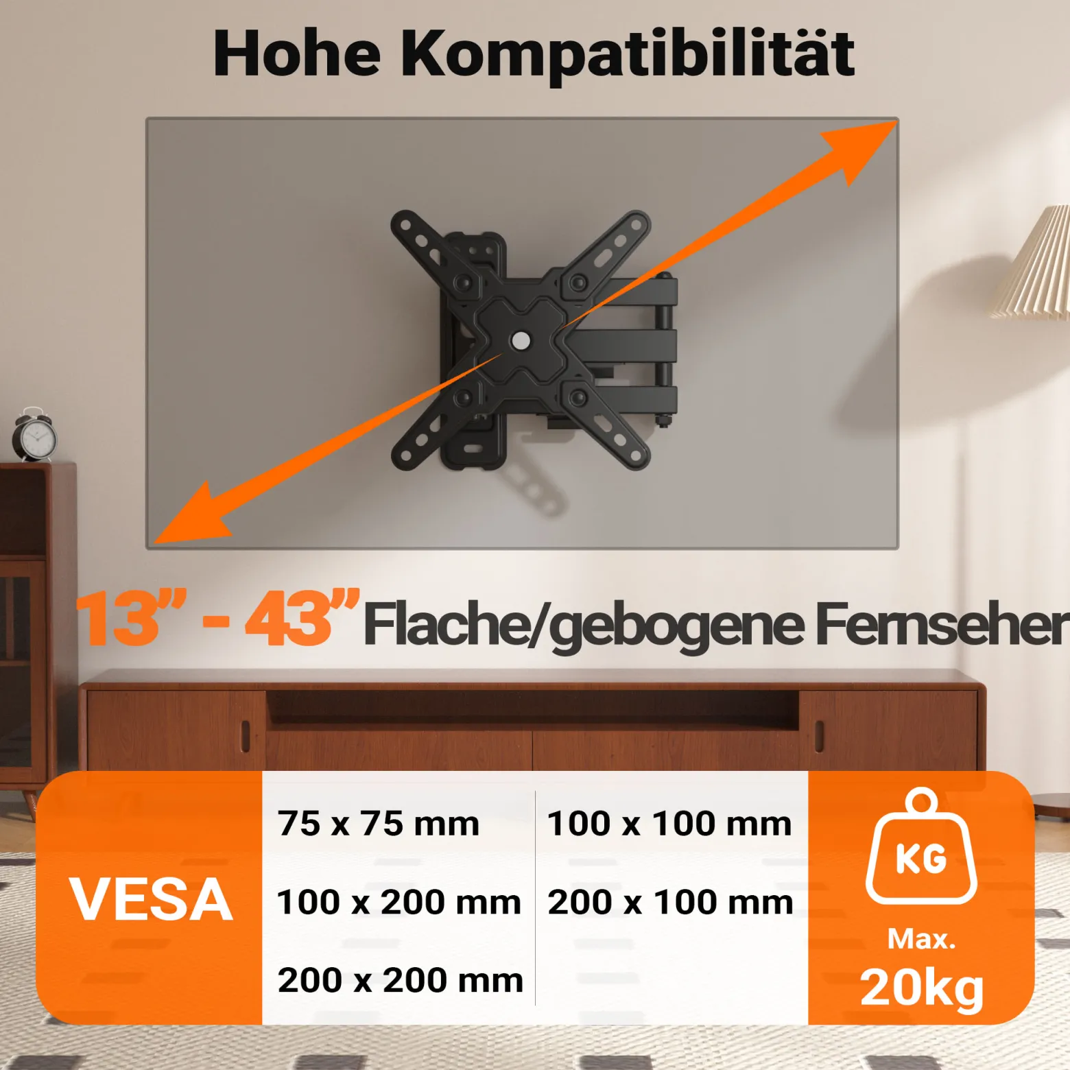 Wiltec TV Halterung 13"–43", TV Wandhalterung schwenkbar bis 20 kg, platzsparende Fernsehhalterung, Fernseher Wandbefestigung einfache Installation
