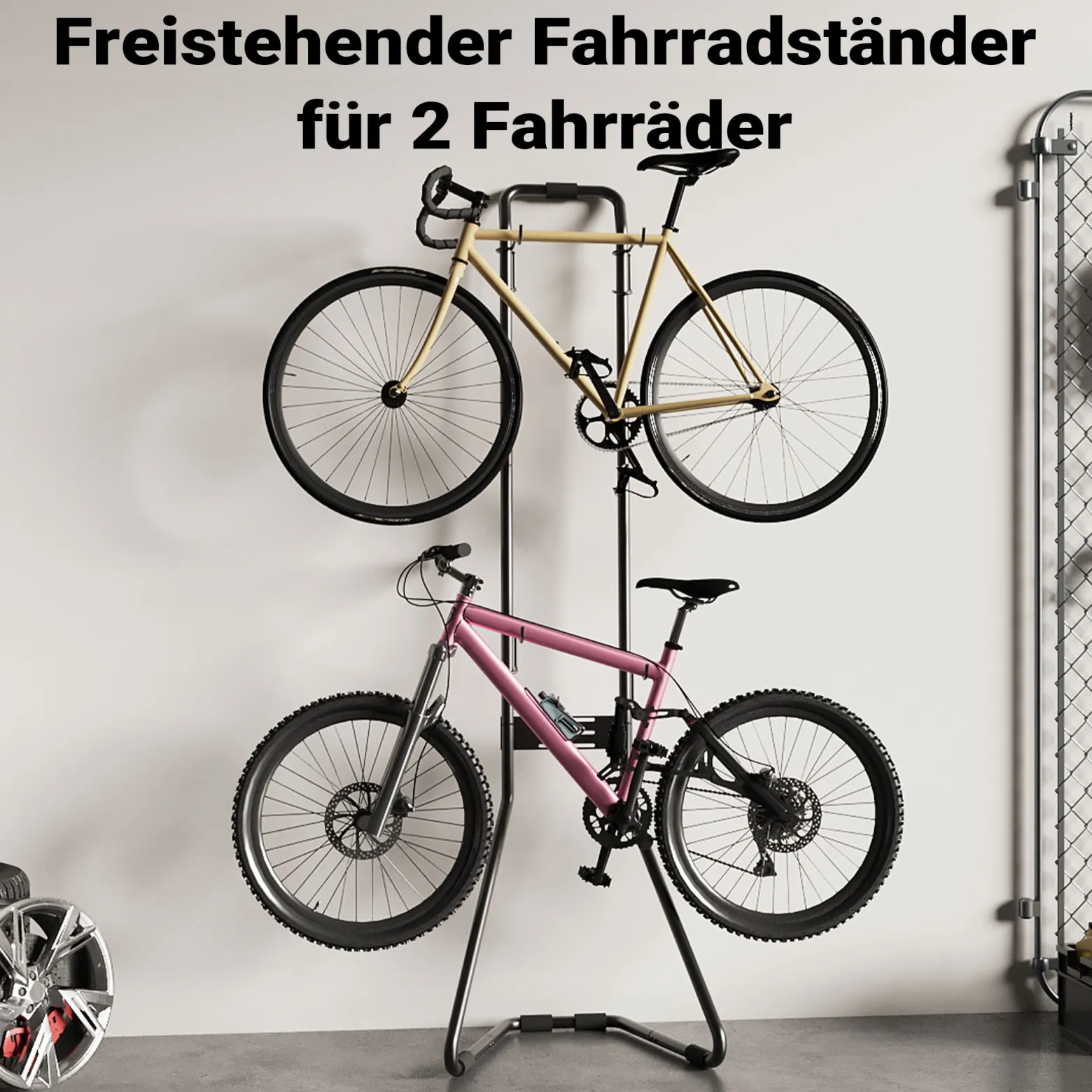 Wiltec Universal Fahrradständer für 2 Fahrräder 66,5 x 55,8 x 219 cm, Fahrradhalter freistehend, höhenverstellbarer Fahrrad Abstellständer