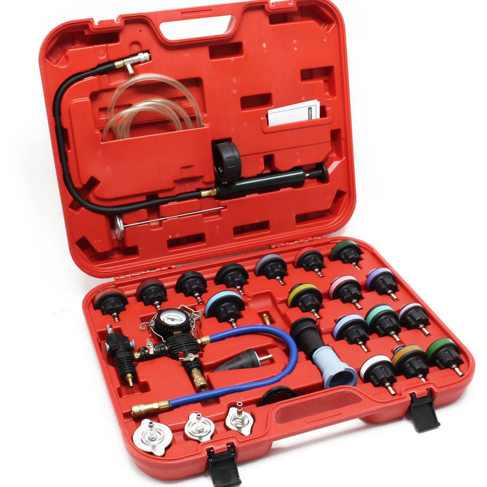 Wiltec Universal Kühlsystemtester 27-teilig mit farbkodierten Kühlertestkappen & Testpumpe, Kühlsystementlüfter Kühlsystembefüller Kühlsystemprüfer