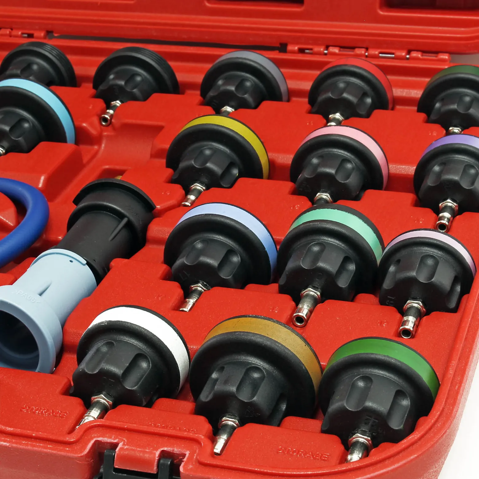 Wiltec Universal Kühlsystemtester 27-teilig mit farbkodierten Kühlertestkappen & Testpumpe, Kühlsystementlüfter Kühlsystembefüller Kühlsystemprüfer