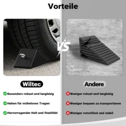 Wiltec Unterlegkeile 4er Set 205 x 125 x 100 mm aus Gummi, Bremskeil mit Ringschraube, Gummikeil für Anhänger, Wohnmobil, Pkw und Boot