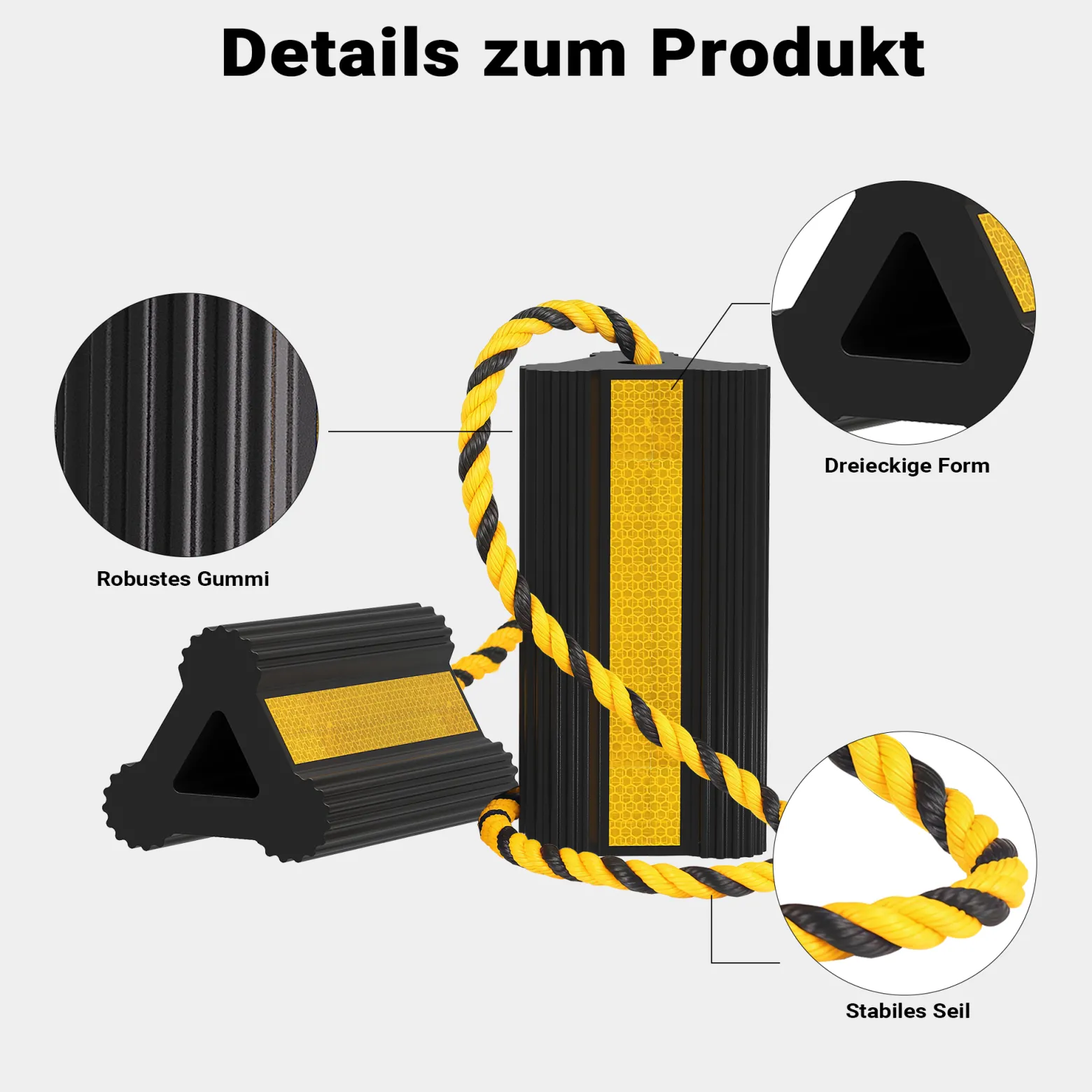 Wiltec Unterlegkeile für Anhänger mit Nylon Seil 207 x 115 x 105 mm, schwarz gelbe Bremskeile aus Gummi, Radkeile in Dreiecksform mit Reflexionsstreifen ideal für Wohnmobil, Wohnwagen, Pkw und Lkw