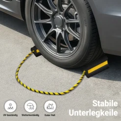 Wiltec Unterlegkeile für Anhänger mit Nylon Seil 207 x 115 x 105 mm, schwarz gelbe Bremskeile aus Gummi, Radkeile in Dreiecksform mit Reflexionsstreifen ideal für Wohnmobil, Wohnwagen, Pkw und Lkw
