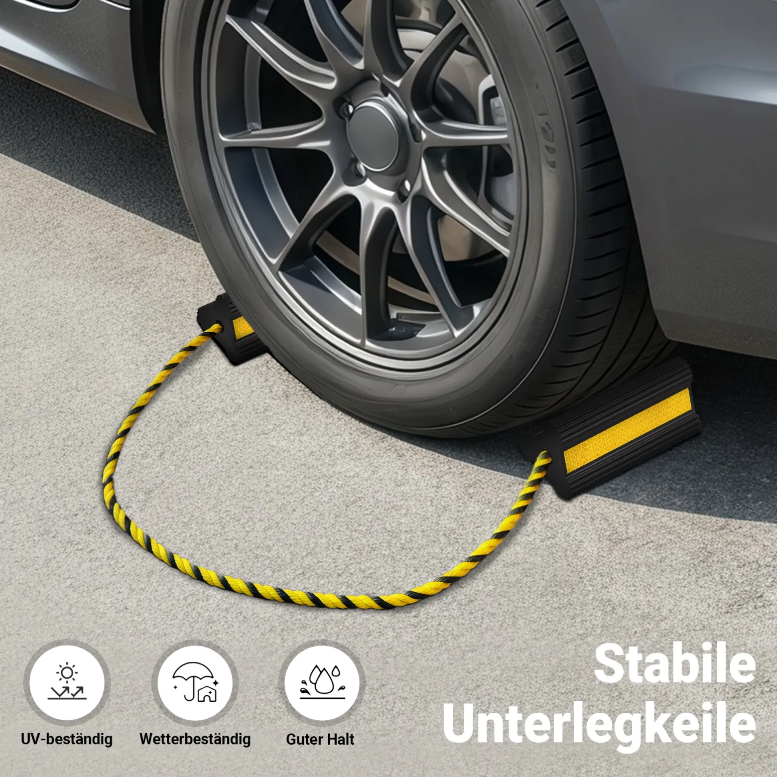 Wiltec Unterlegkeile für Anhänger mit Nylon Seil 207 x 115 x 105 mm, schwarz gelbe Bremskeile aus Gummi, Radkeile in Dreiecksform mit Reflexionsstreifen ideal für Wohnmobil, Wohnwagen, Pkw und Lkw