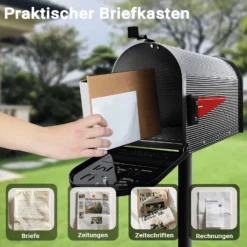 Wiltec US Mailbox schwarz 150 x 513 x 223 mm, amerikanischer Briefkasten mit Fahne, Wandbriefkasten oder Standbriefkasten Stahl amerikanisches Design