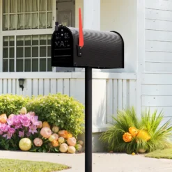 Wiltec US Mailbox schwarz 150 x 513 x 223 mm, amerikanischer Briefkasten mit Fahne, Wandbriefkasten oder Standbriefkasten Stahl amerikanisches Design