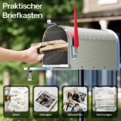 Wiltec US Mailbox silbergrau 150 x 513 x 223 mm, amerikanischer Briefkasten mit Fahne, Wandbriefkasten oder Standbriefkasten Stahl amerikanisches Design