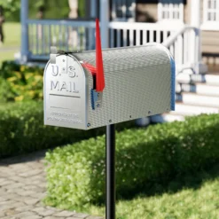 Wiltec US Mailbox silbergrau 150 x 513 x 223 mm, amerikanischer Briefkasten mit Fahne, Wandbriefkasten oder Standbriefkasten Stahl amerikanisches Design