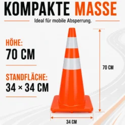 Wiltec Verkehrskegel aus PVC 70 cm, orangener Leitkegel zum Absichern, Pylon mit Reflexbändern