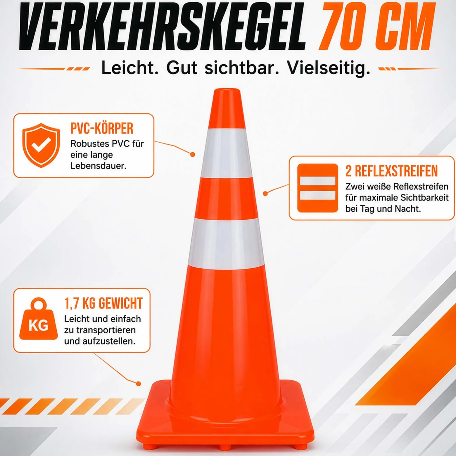 Wiltec Verkehrskegel aus PVC 70 cm, orangener Leitkegel zum Absichern, Pylon mit Reflexbändern