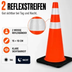 Wiltec Verkehrskegel 90 cm aus PVC mit Gummisockel, orangener Leitkegel zum Absichern, Pylon mit Reflexbändern