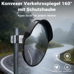 Wiltec Verkehrsspiegel 30 cm konvex mit Schutzhaube Schwarz, runder Sicherheitsspiegel mit 160° Sichtfeld, Konvexspiegel für Ausfahrten inkl. Montagematerial