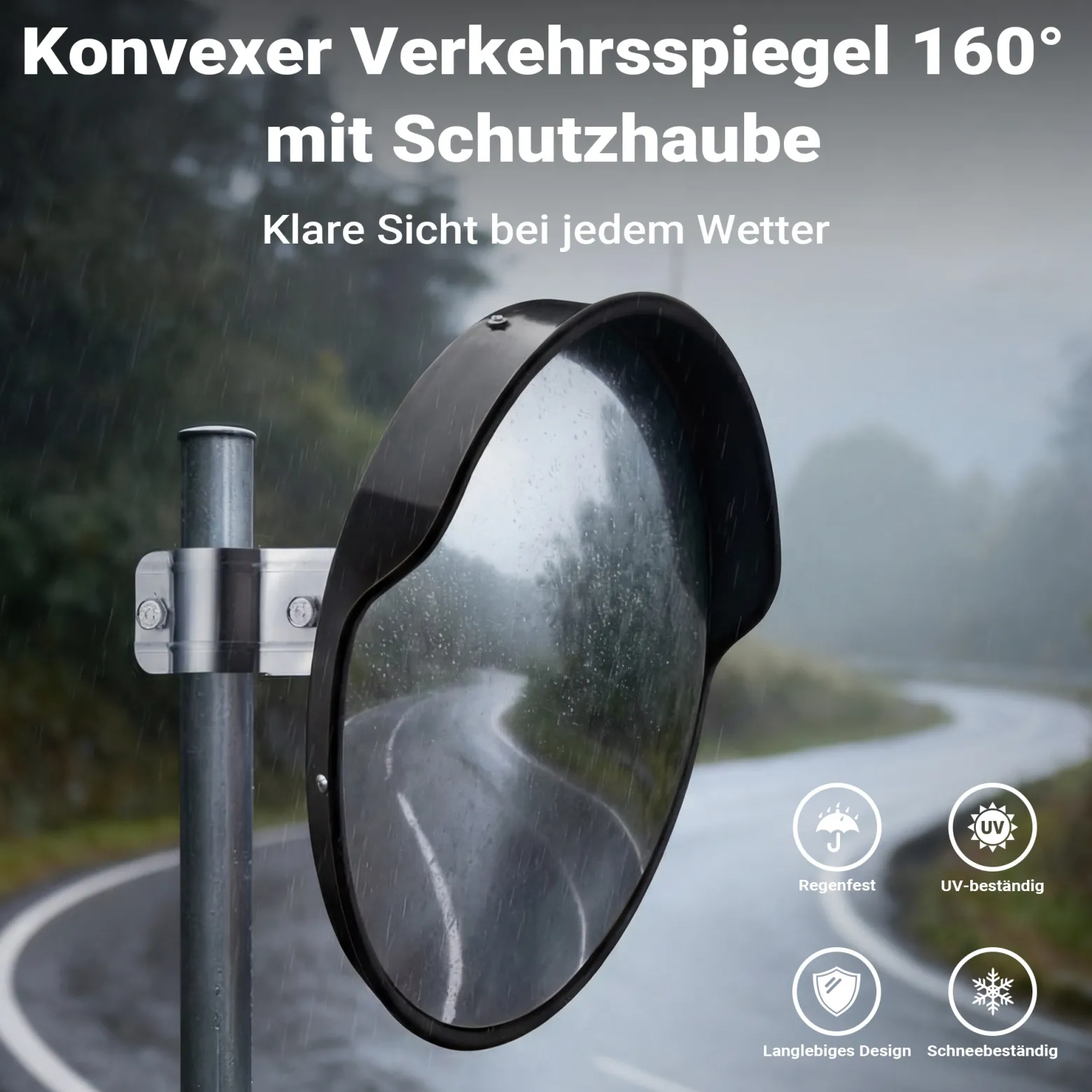 Wiltec Verkehrsspiegel 75 cm konvex mit Schutzhaube Schwarz, runder Sicherheitsspiegel mit 160° Sichtfeld, Konvexspiegel für Ausfahrten inkl. Montagematerial