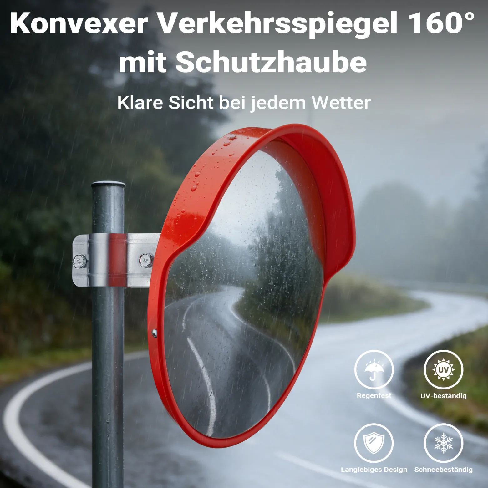 Wiltec Verkehrsspiegel 30 cm konvex mit Schutzhaube Orange, runder Sicherheitsspiegel mit 160° Sichtfeld, Konvexspiegel für Ausfahrten inkl. Montagematerial