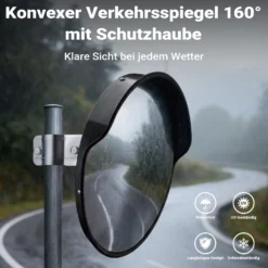 Wiltec Verkehrsspiegel 80 cm konvex mit Schutzhaube Schwarz, runder Sicherheitsspiegel mit 160° Sichtfeld, Konvexspiegel für Ausfahrten inkl. Montagematerial