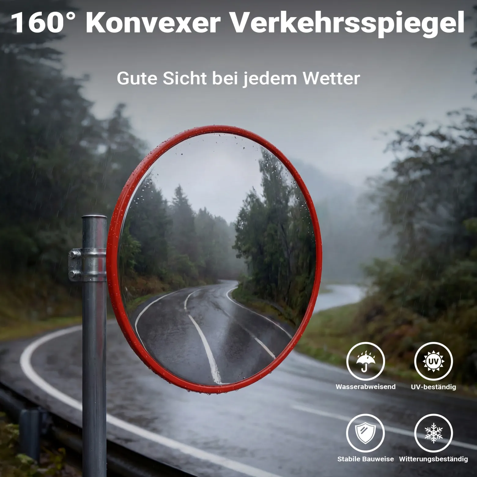 Wiltec Verkehrsspiegel 30 cm konvex, runder Sicherheitsspiegel mit 160° Sichtfeld, Konvexspiegel aus Polycarbonat, Überwachungsspiegel für Ausfahrten inkl. Montagematerial
