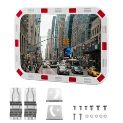 Wiltec Verkehrsspiegel 50 x 70 cm konvex, eckiger Sicherheitsspiegel mit rot-weißen Reflektorstreifen, bruchsicherer Konvexspiegel aus Kunststoff, Überwachungsspiegel für Ausfahrten