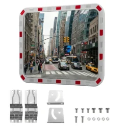 Wiltec Verkehrsspiegel 70 x 90 cm konvex, eckiger Sicherheitsspiegel mit rot-weißen Reflektorstreifen, bruchsicherer Konvexspiegel aus Kunststoff, Überwachungsspiegel für Ausfahrten