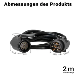 Wiltec Verlängerungskabel 2 m 7-polig auf 13-polig, Anhängerkabel PVC, Elektrokabel Stecker & Buchse, Verlängerungskabel für Anhänger und Wohnwagen